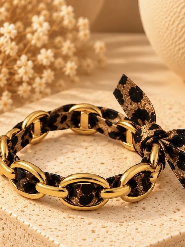 Βραχιόλι Gold Chain με Animal Print  κορδέλα
